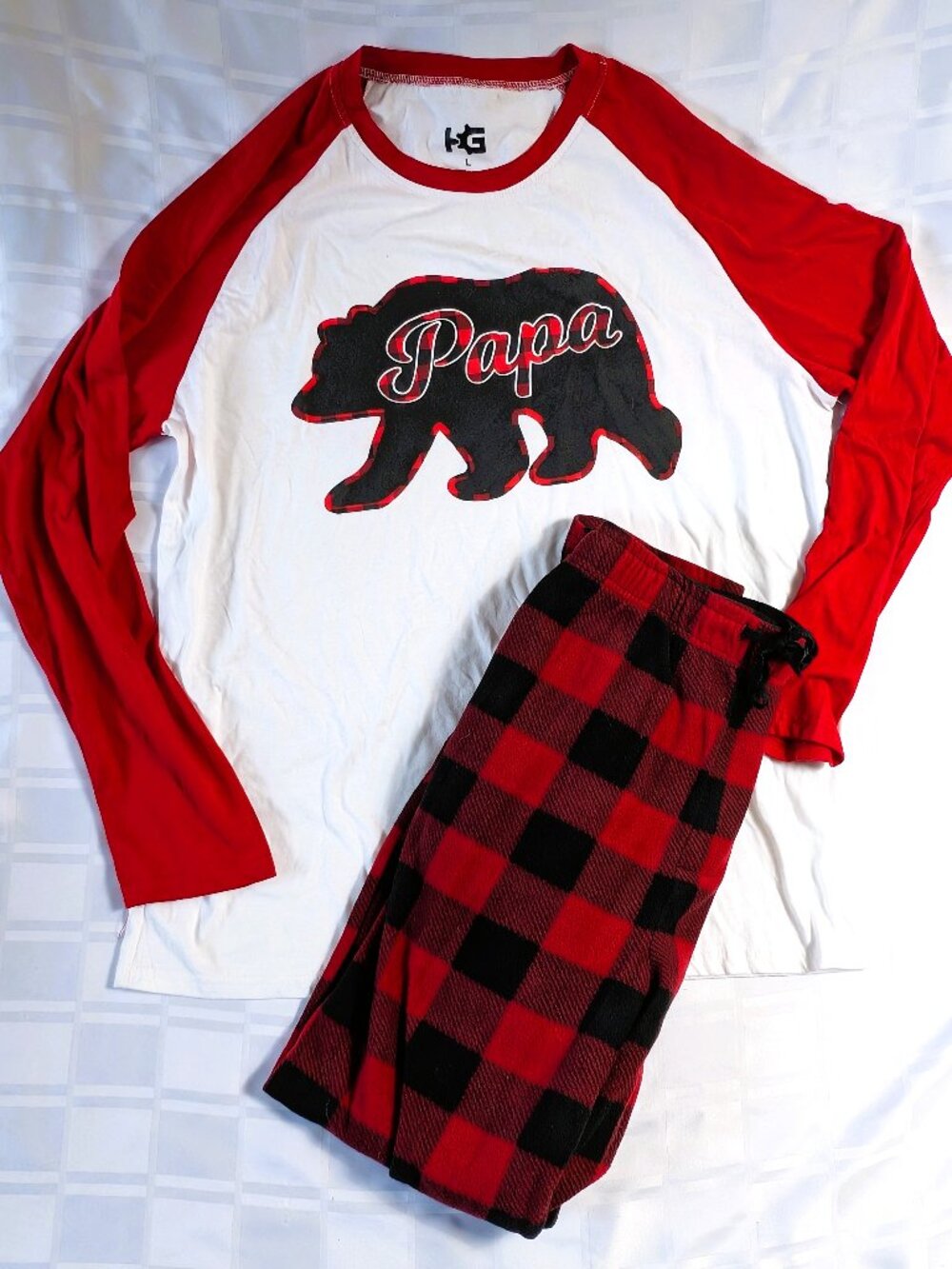 PAPA BEAR RED AND WHITE PLAID PJ PAJAMA SET SIZE LARGE FATHER GRANDPA HOLIDAYS